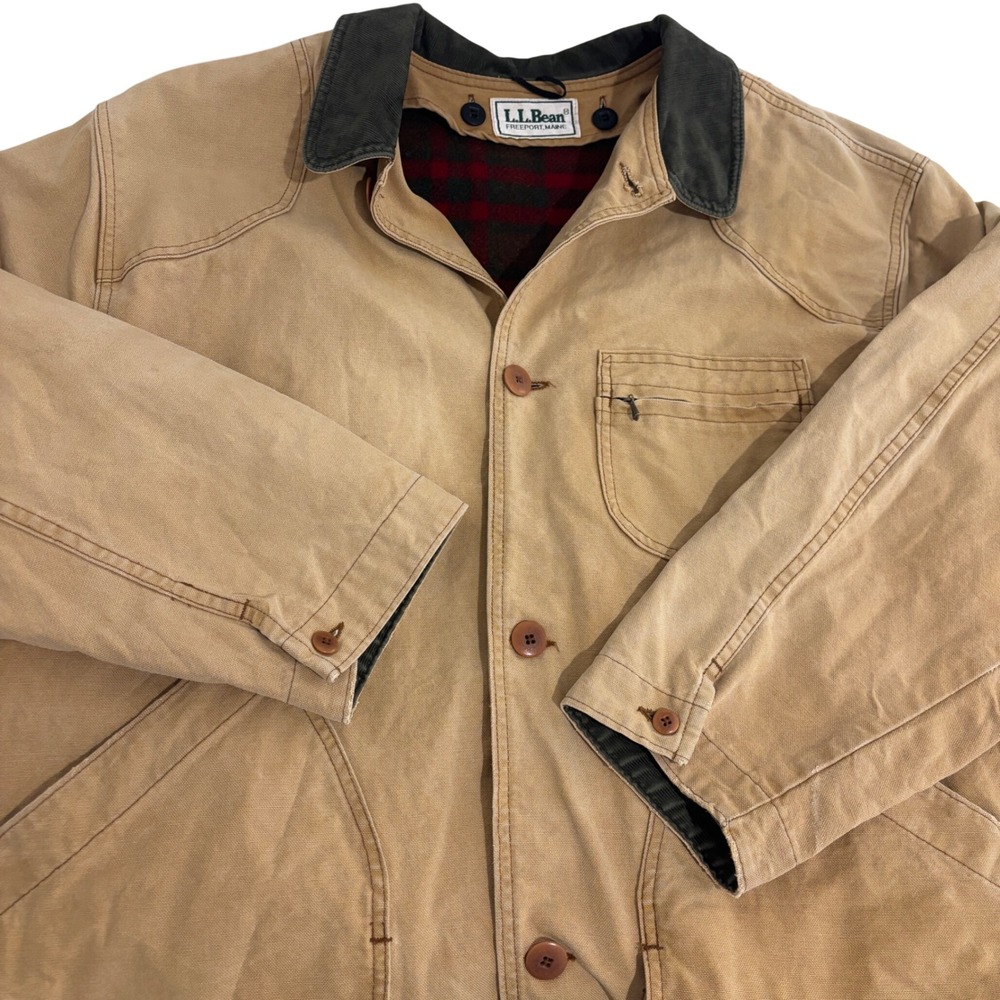 LL Bean Field Barn Coat Jacket Mens XL Tan Canvas Red Wool Plaid Lined Vintage - Picture 12 of 12